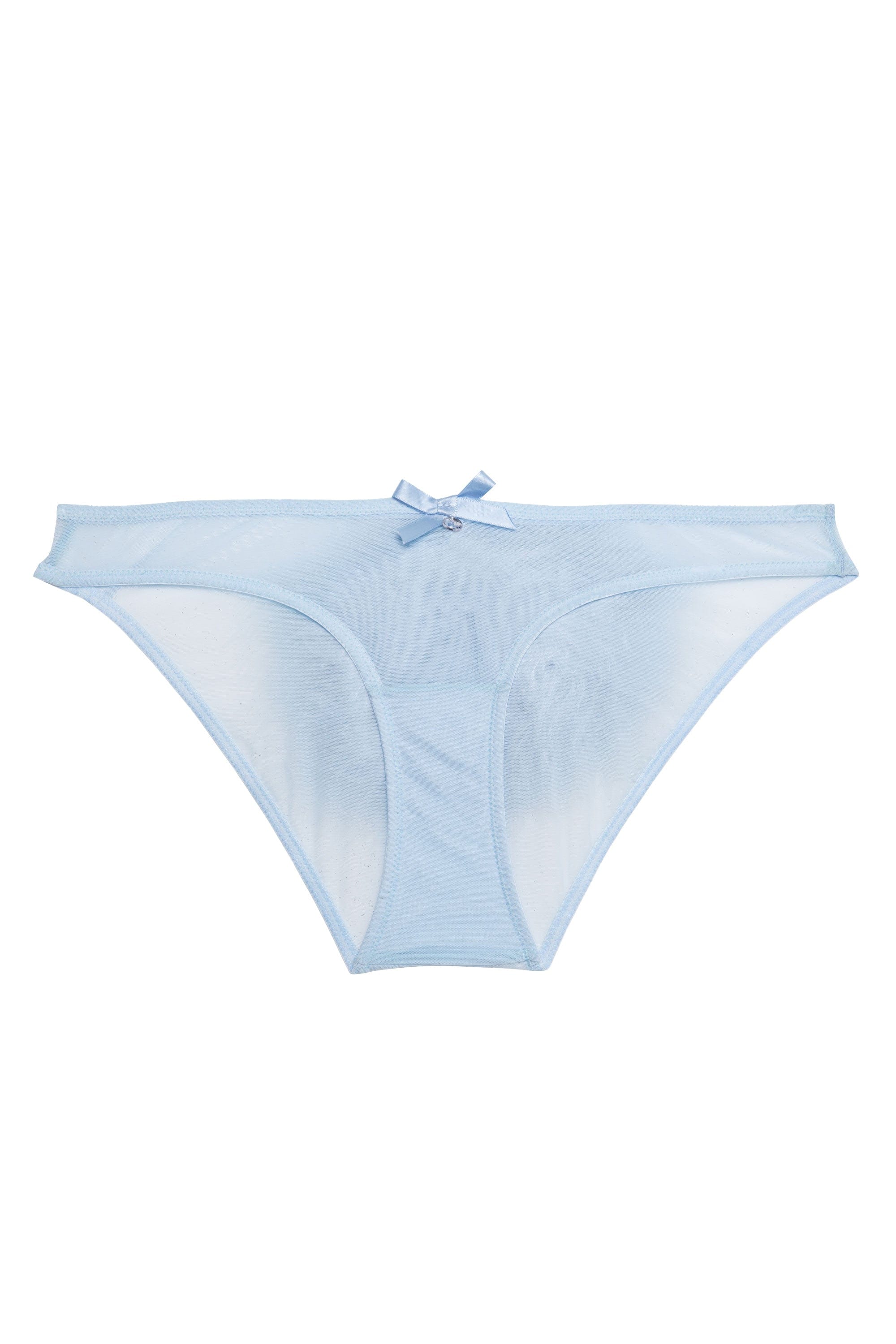Sheer blue brief with feather puff on back