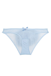 Sheer blue brief with feather puff on back