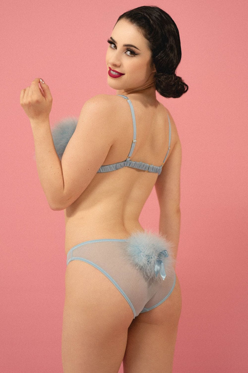 Core:retro model wears sheer blue brief with feather puff on back