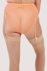 Back view of orange mesh suspender with lacey blue-lilac detailing on the front.