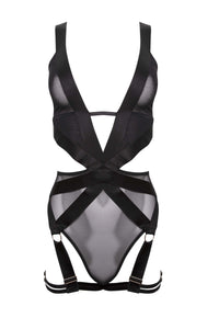 Product Cut Out of black mesh elastic multi-strap body suit