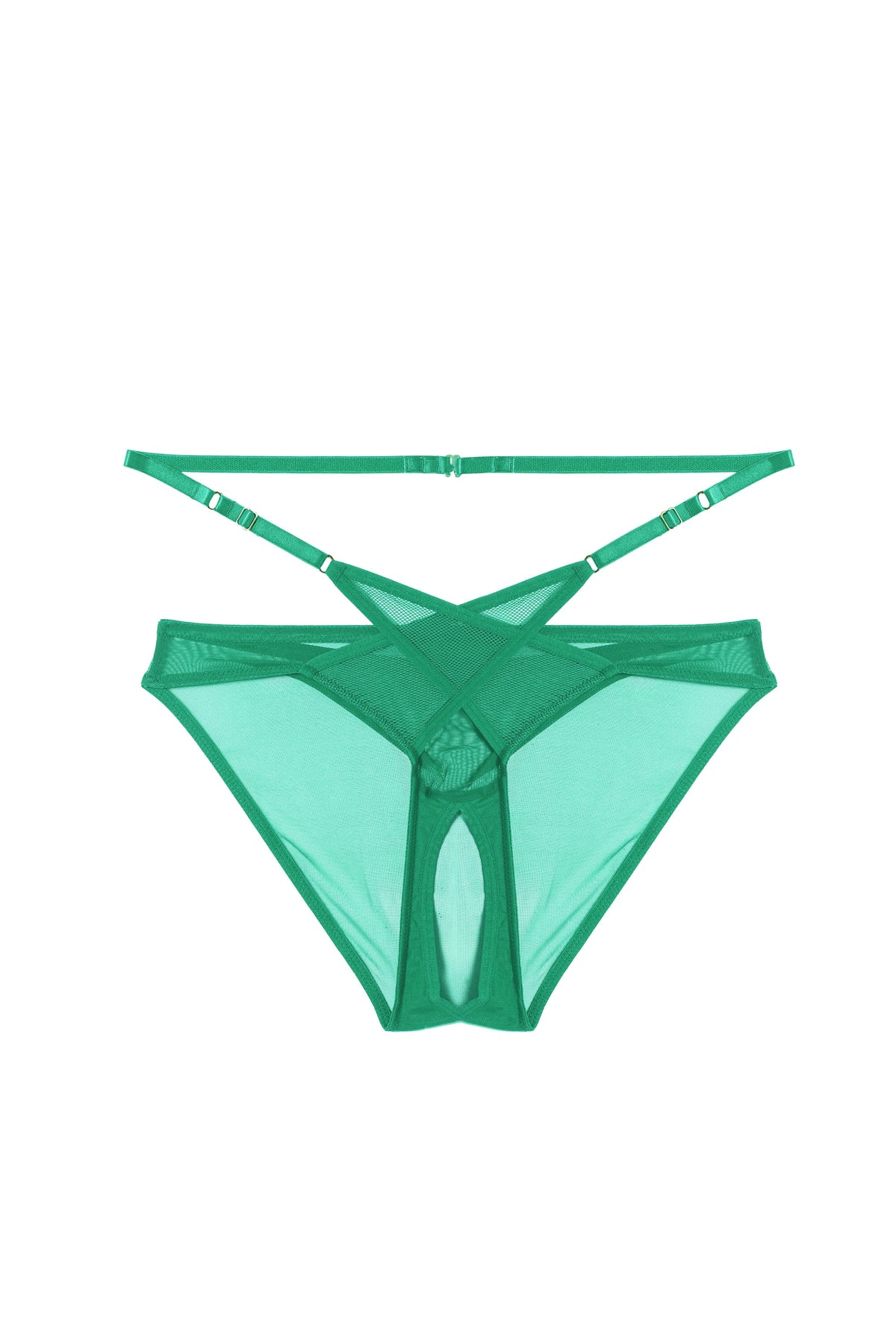 Model wears a eddie green crossover wrap crotchless brazilian brief.
