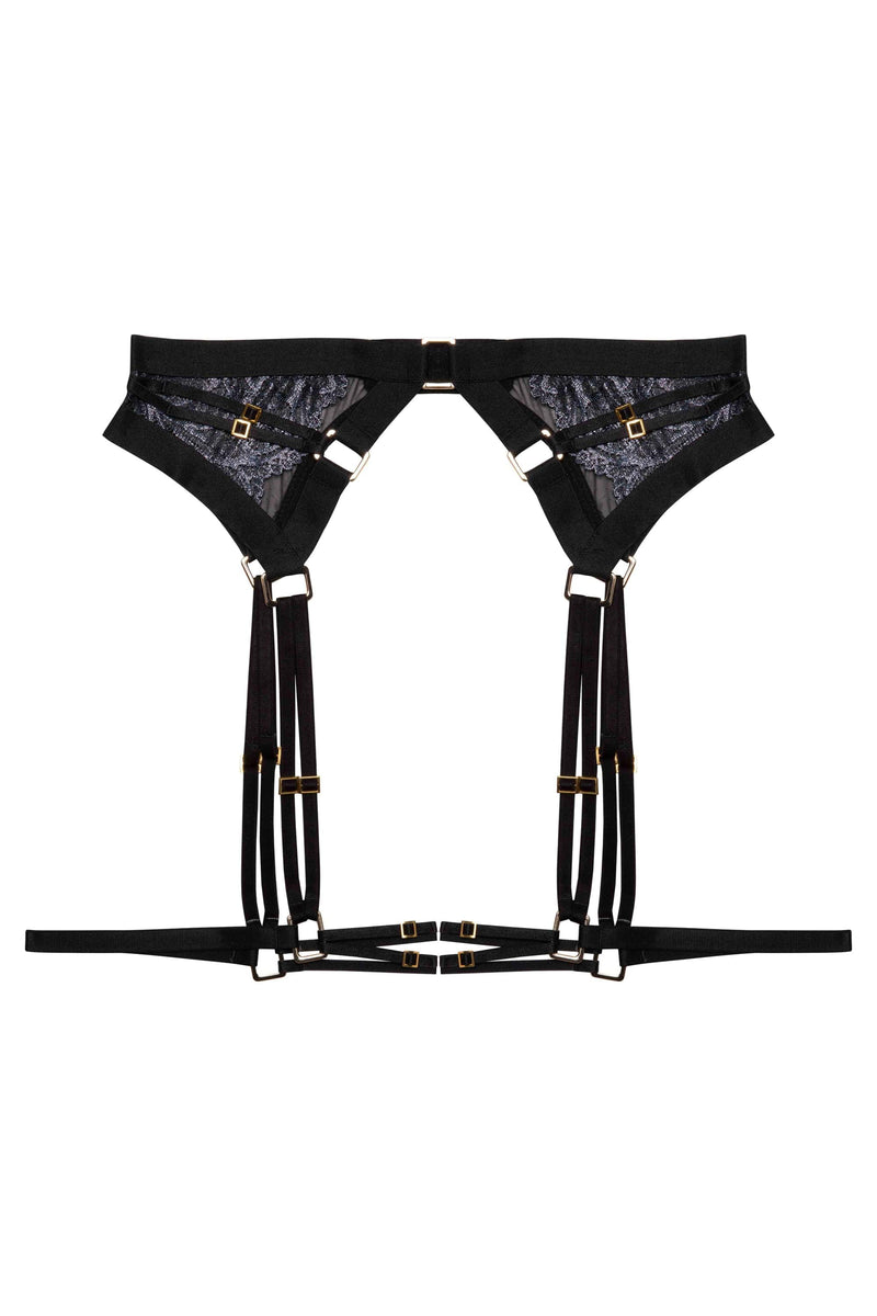 Black wet looks lace suspender with thigh harness