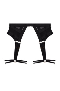 Product Cut Out of black elastic and mesh multi-strap harness suspender