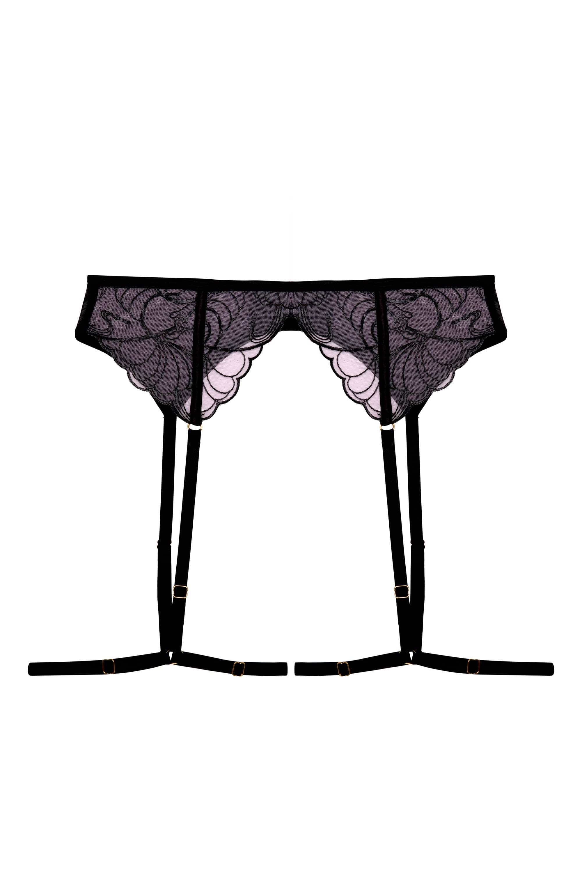 Pink and black embroidered suspender belt with thigh harness straps