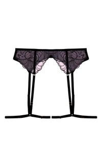 Pink and black embroidered suspender belt with thigh harness straps