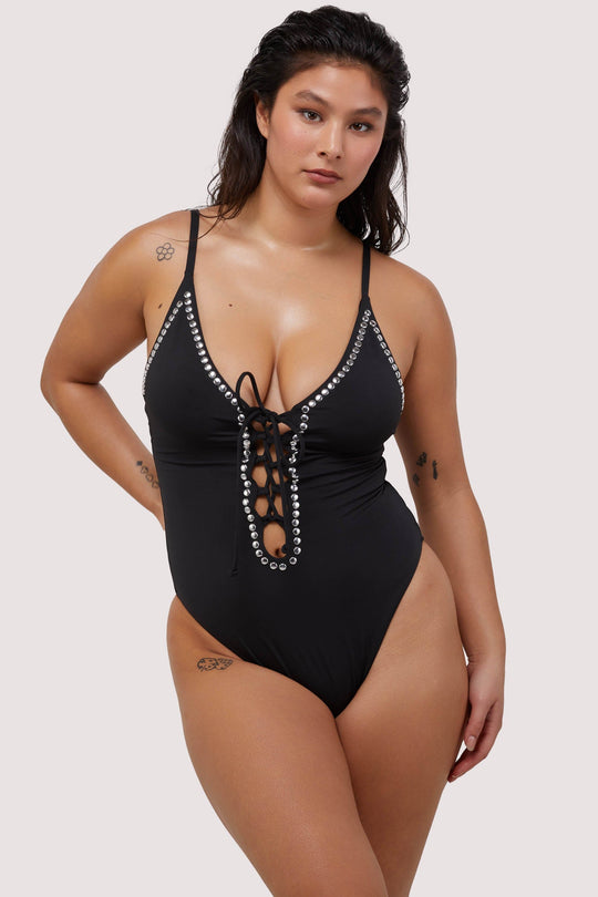 Gabrielle Fuller Bust Black Eco Studded Lace-Up Swimsuit