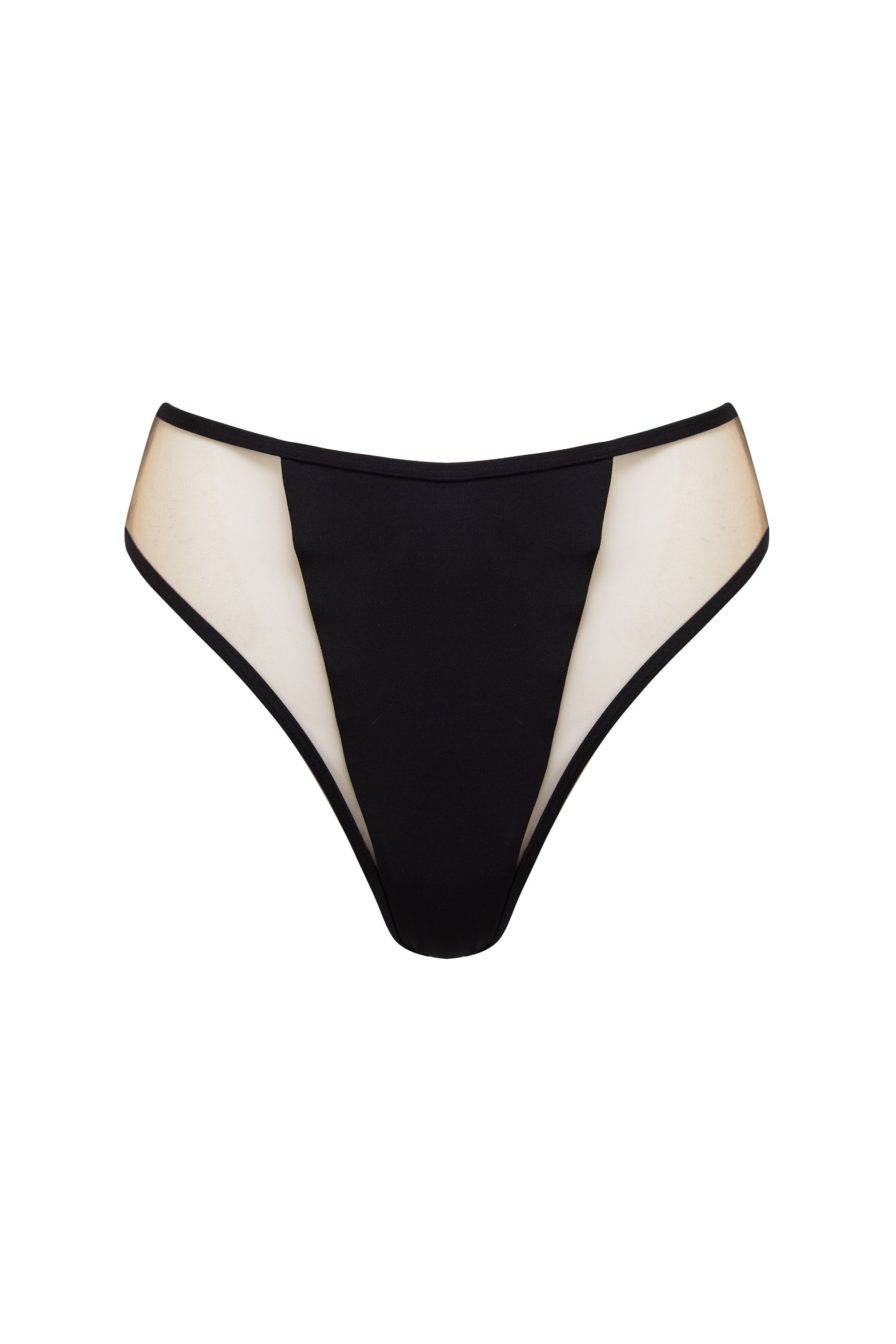 High-waist and high-leg black bikini bottoms with nude mesh inserts