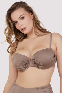 Model wears taupe moulded cup balconette bikini top with shoulder straps