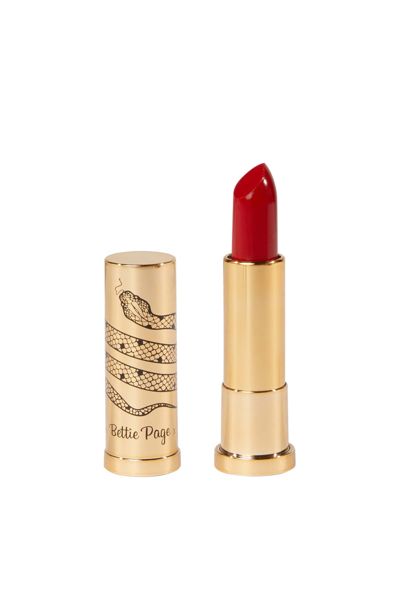 The cover and inside of the bright red high pigment satin lipstick