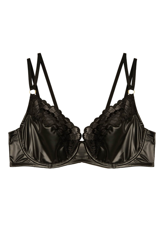 Natalia Black Faux Leather Lace And Rings Bra