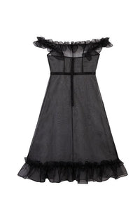 Black organza ruffle dress with sheer fabric, sleeveless midi-length style, and removable waist tie.
