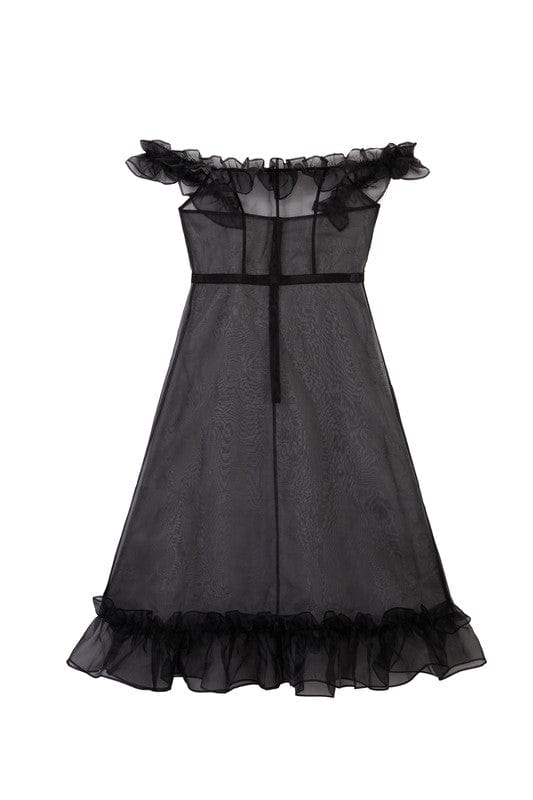 Black organza ruffle dress with sheer fabric, sleeveless midi-length style, and removable waist tie.