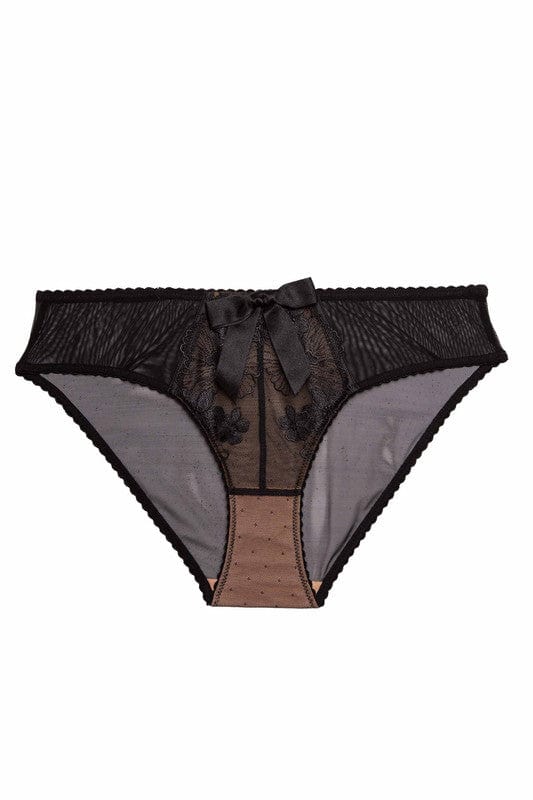 Black floral embroidery brief with a satin side bands and bow.