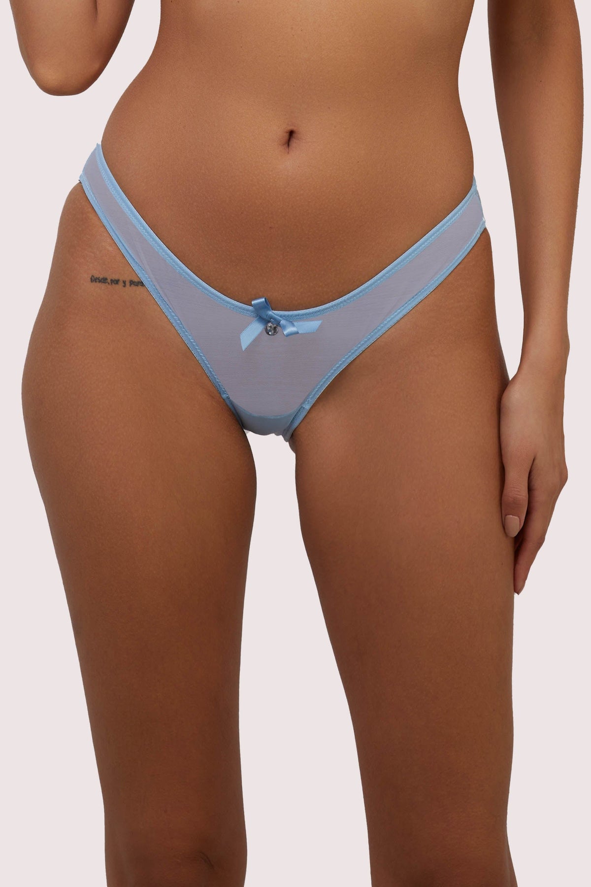 Core:model wears sheer blue brief
