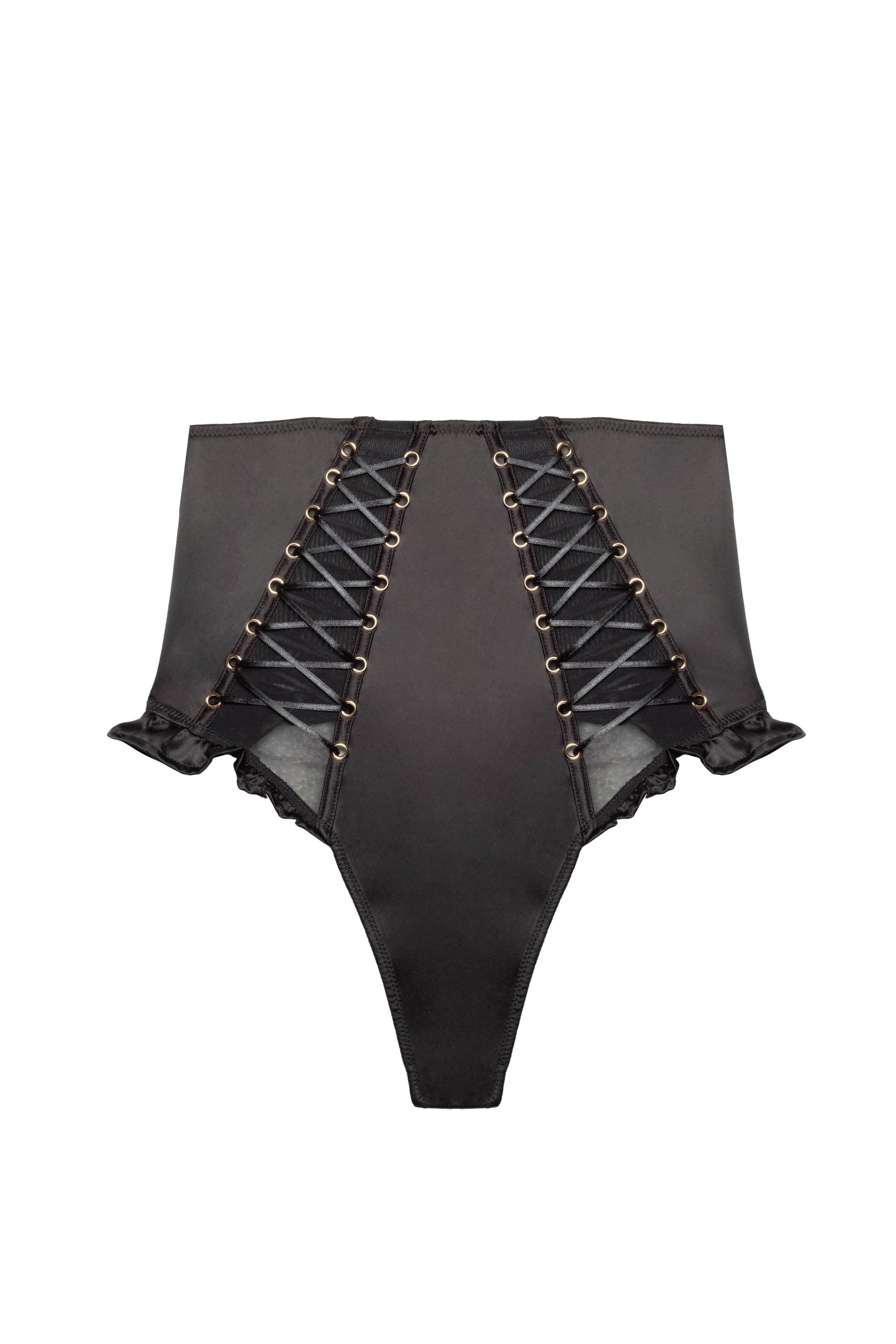 Black satin lace-up high waist thong