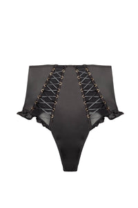 Black satin lace-up high waist thong