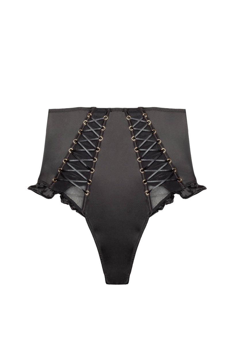 Black satin lace-up high waist thong