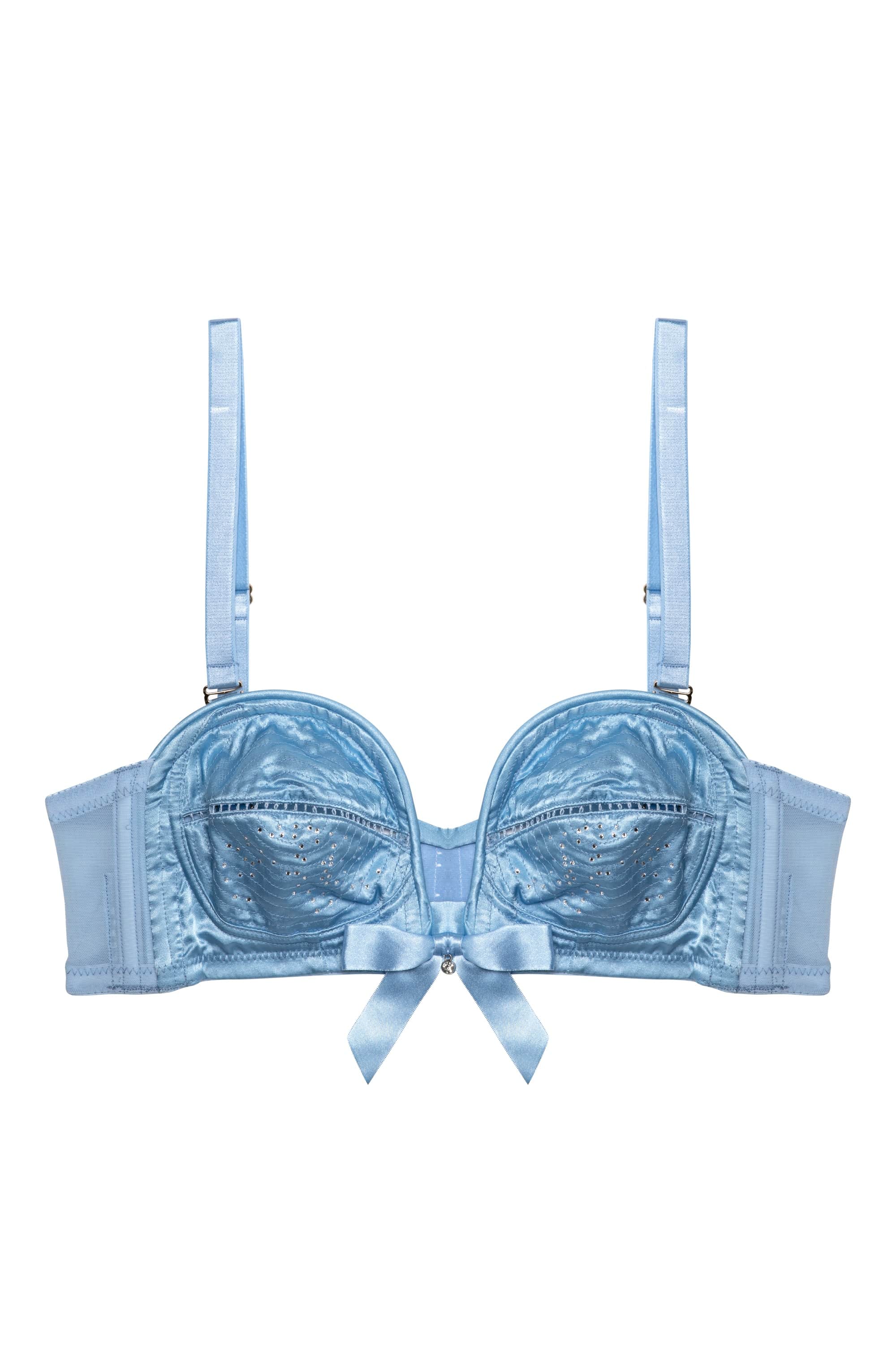 Retro blue satin bullet bra with straps and diamantes