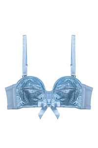 Retro blue satin bullet bra with straps and diamantes