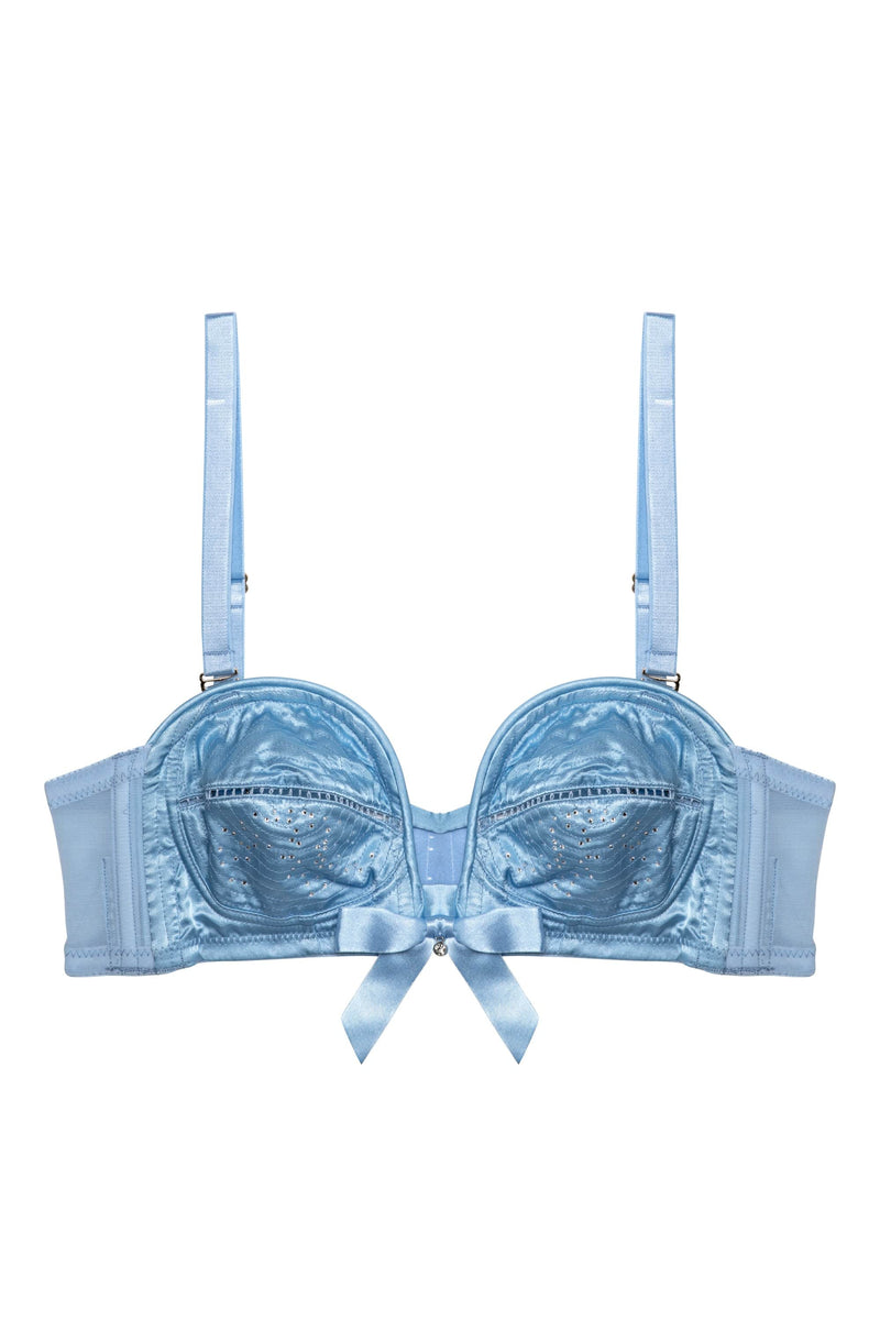 Retro blue satin bullet bra with straps and diamantes