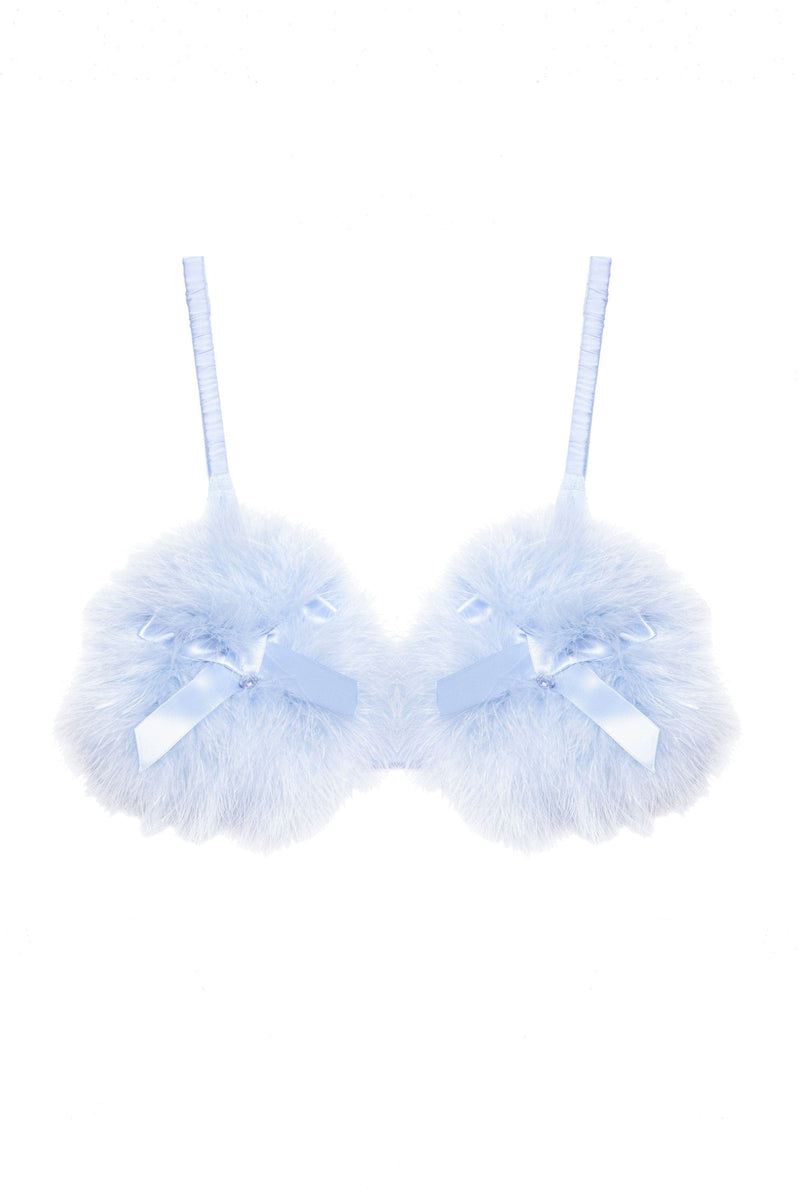 Retro blue triangle bra with feather puffs and straps