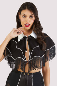 model wears Billie western cowboy fringe cape