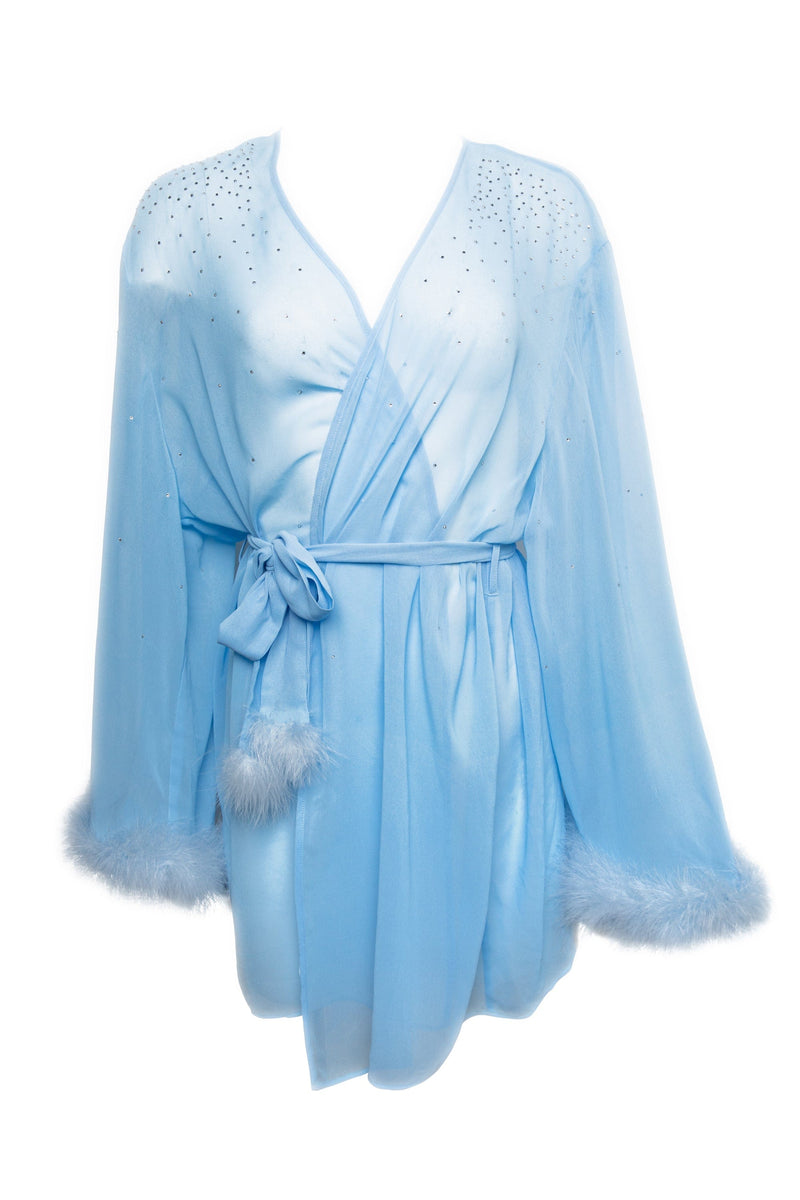 Sheer blue robe with belt and feather hem