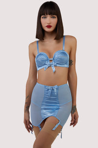 Core:model wears retro blue lingerie set
