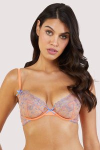 Mesh and lace orange bra with lilac/blue lace accents and bows.
