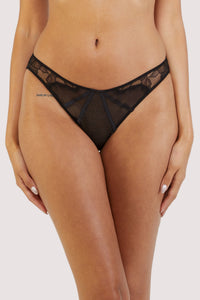 Black panelled mesh and lace brief with lace detailing.