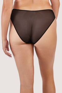 Behind view of a black panelled mesh and lace brief with lace detailing.