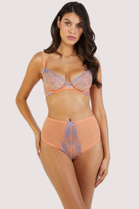 Orange mesh high-waisted brief with lacey blue-lilac detailing on the front, worn with a matching bra.