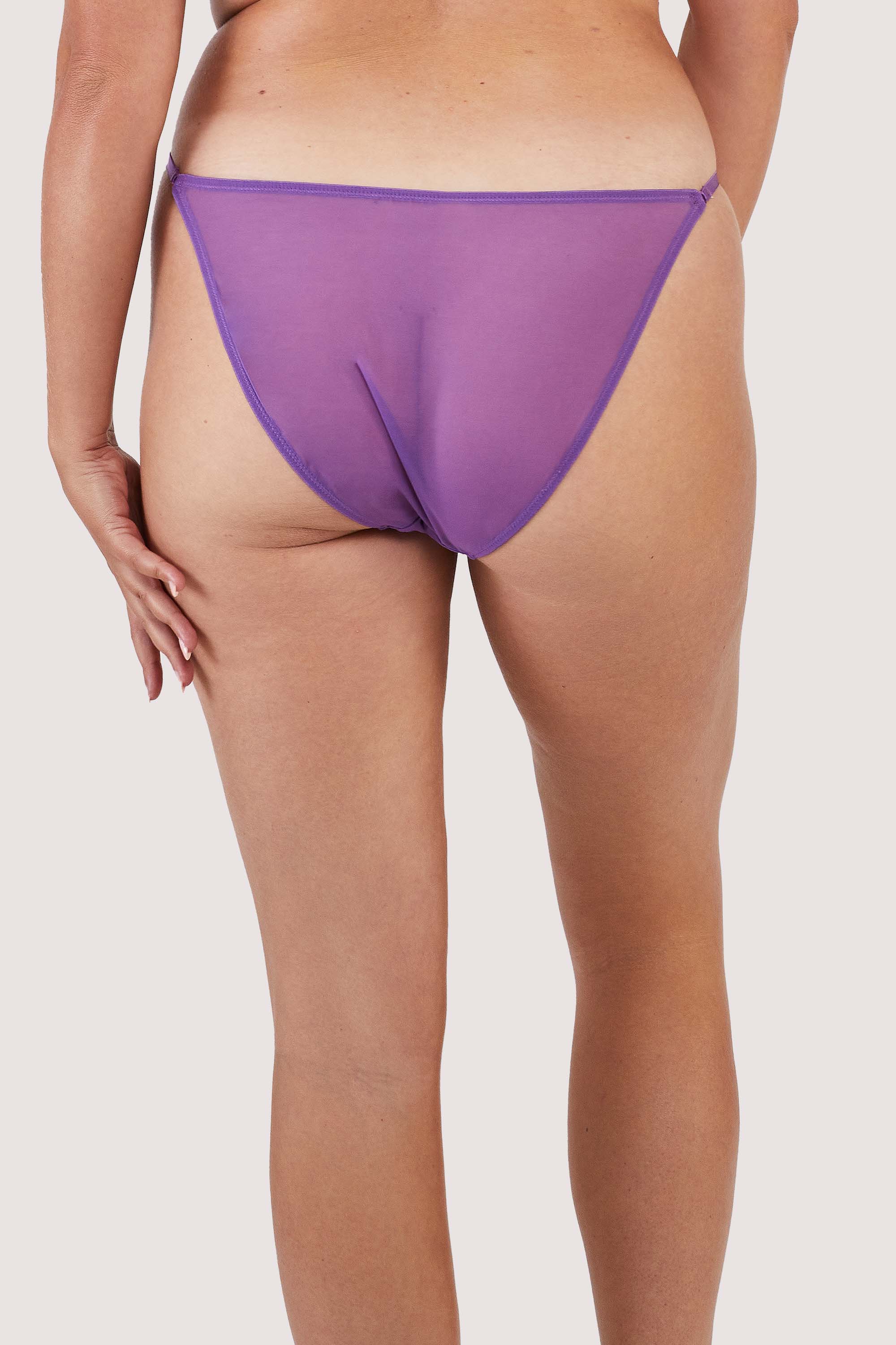 Back view of a purple mesh tanga brief with pink and purple floral embroidery.