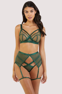 Dark green mesh balcony bra, thong and suspender with satin harness detailing across the hips, bust and waist.