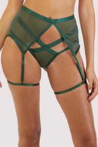 Green satin harness style suspender, seen with matching brief.