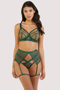 Green satin harness style suspender, seen with matching brief and harness bra.