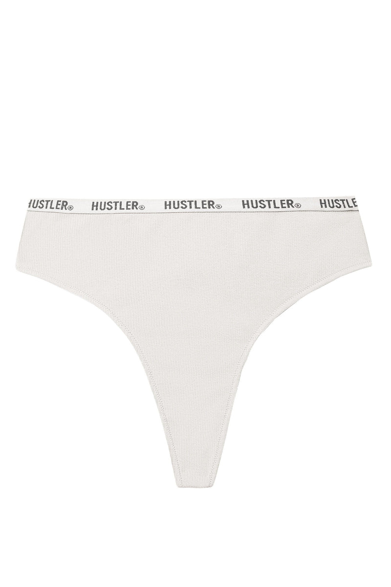 Branded Ribbed Ivory High Waist Thong