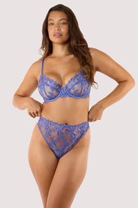 Model Wears Space Dust Blue Mesh Bra and High Waist Thong with floral embroidery women’s lingerie set.