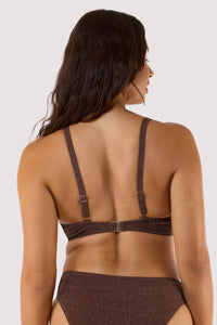 Model Back view of shimmering bronze bikini with adjustable straps and clasp fastening.
