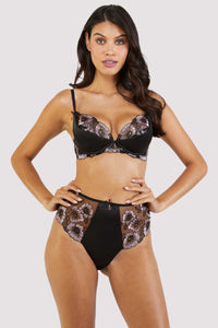 Black Plunge Bra with delicate black and pale pink floral embroidery and underwired satin padded cups, worn with matching brief.