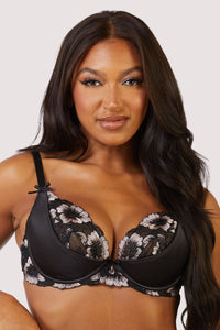 Black Plunge Bra with delicate black and pale pink floral embroidery and underwired satin padded cups.