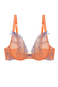 Cutout of Orange mesh bra with blue-lilac embroidery and bows.