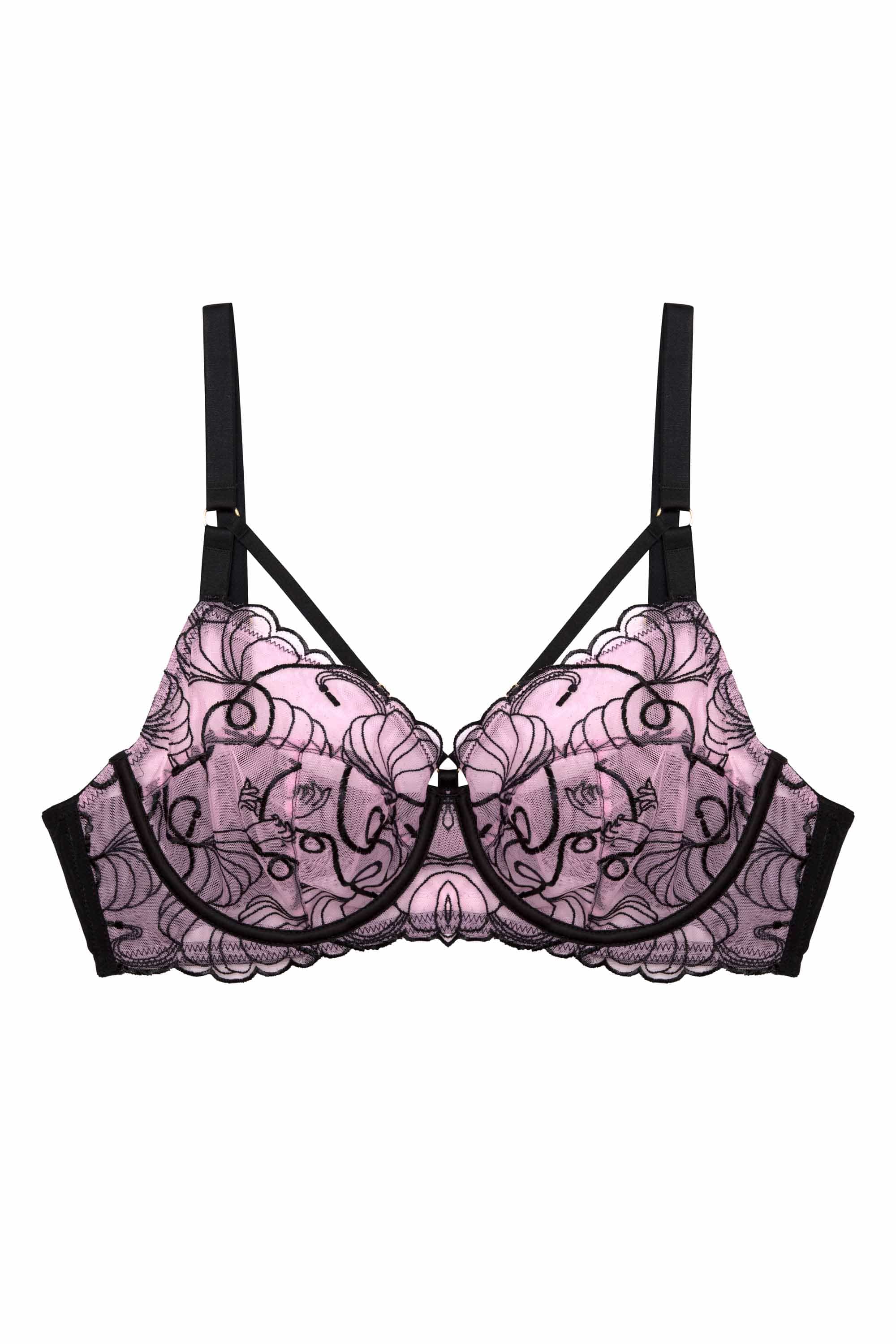 Pink and black embroidered bra with straps