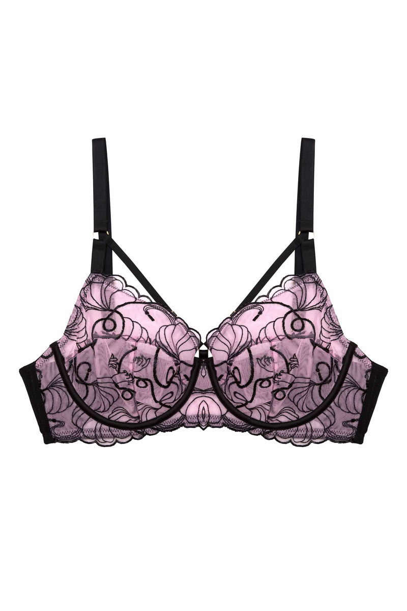 Pink and black embroidered bra with straps