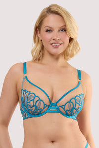 Model wears a lilith teal graphic embroidery bra with Sheer mesh with teal graphic embroidery featuring Underwired balconette cups.