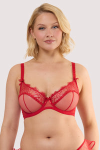 Model wears a monica ribbon slot lace bra featuring adjustable shoulder straps.