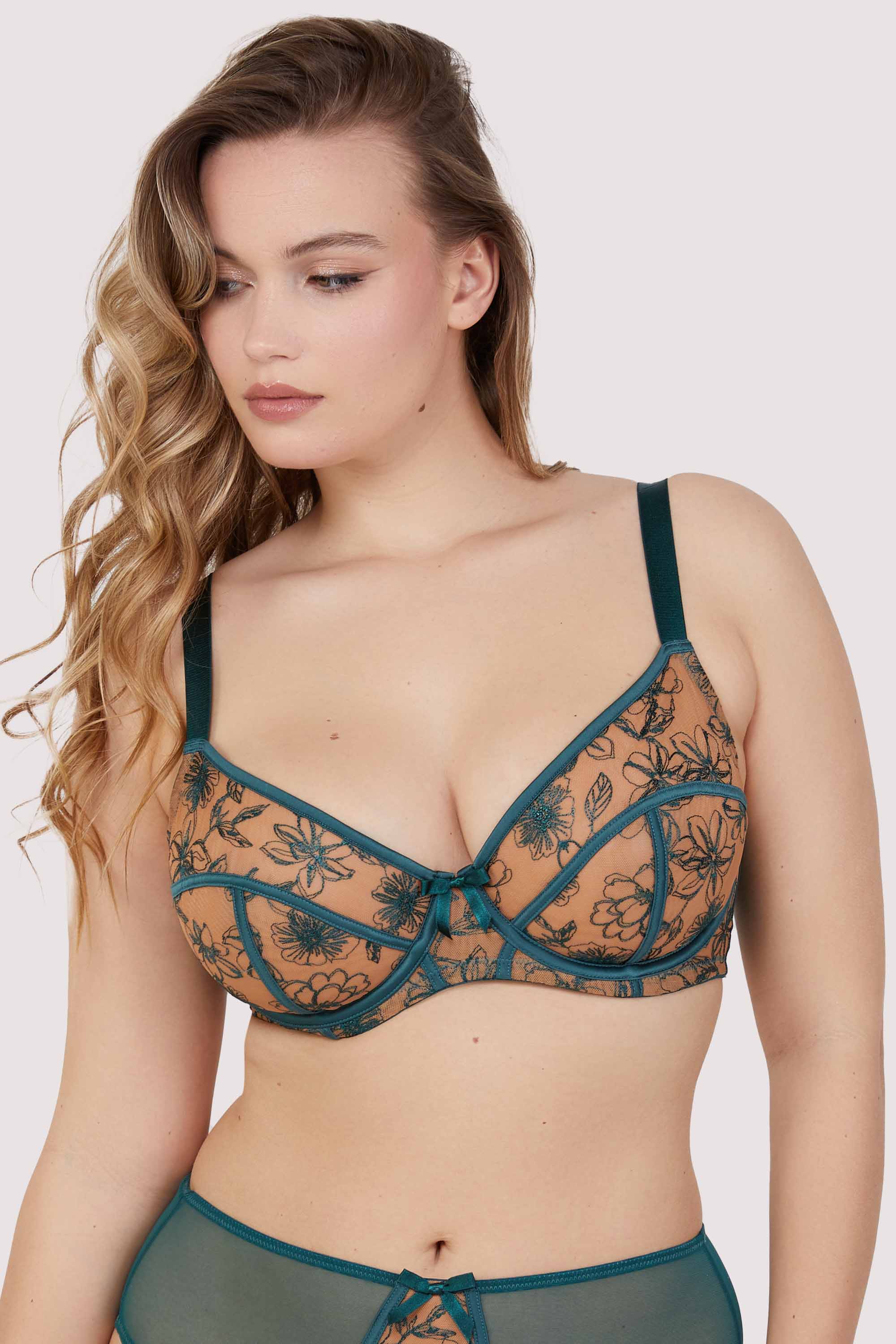 Olivia Teal Contrast Embroidery Balconette Bra