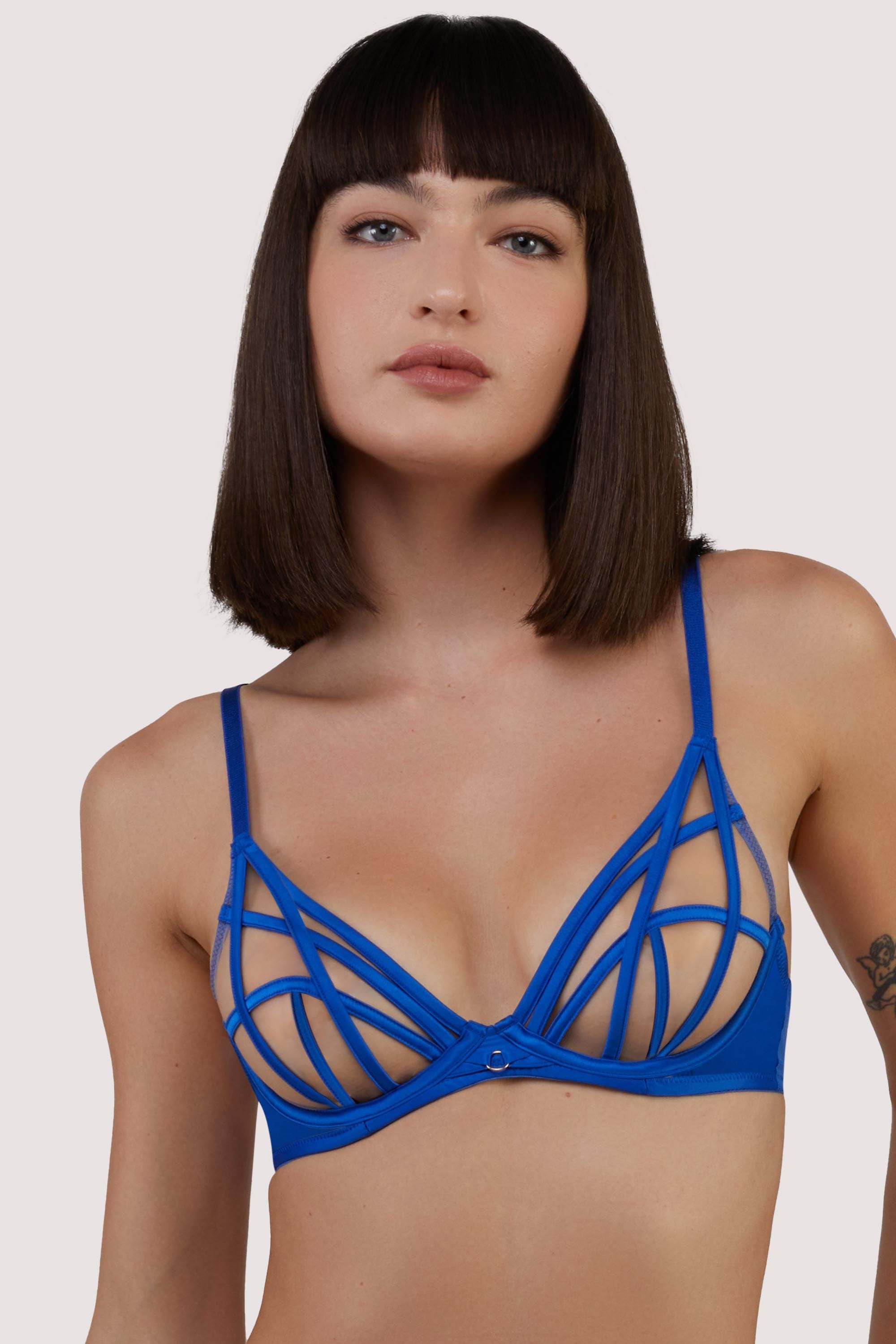 Playful Promises Ramona Cobalt Blue Strap Illusion Sheer Plunge Bra