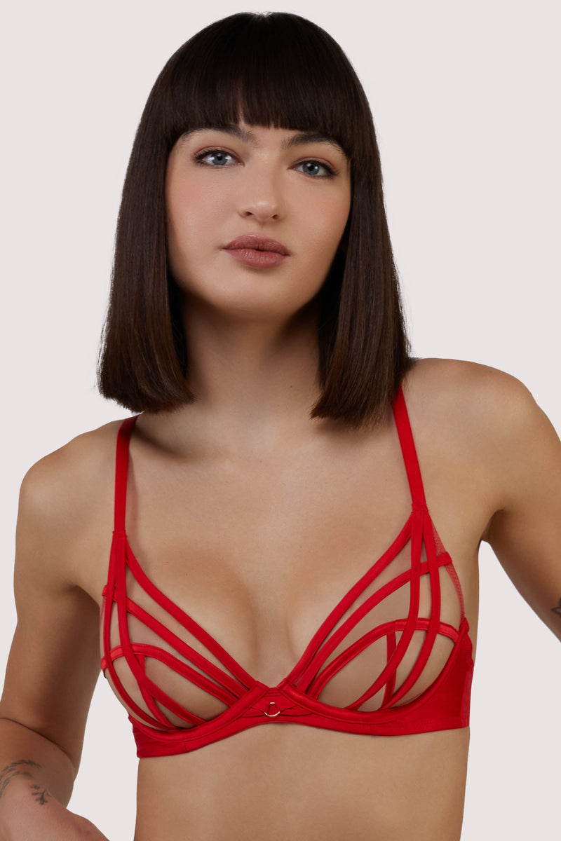model wears Ramona red strap detail illusion sheer plunge bra